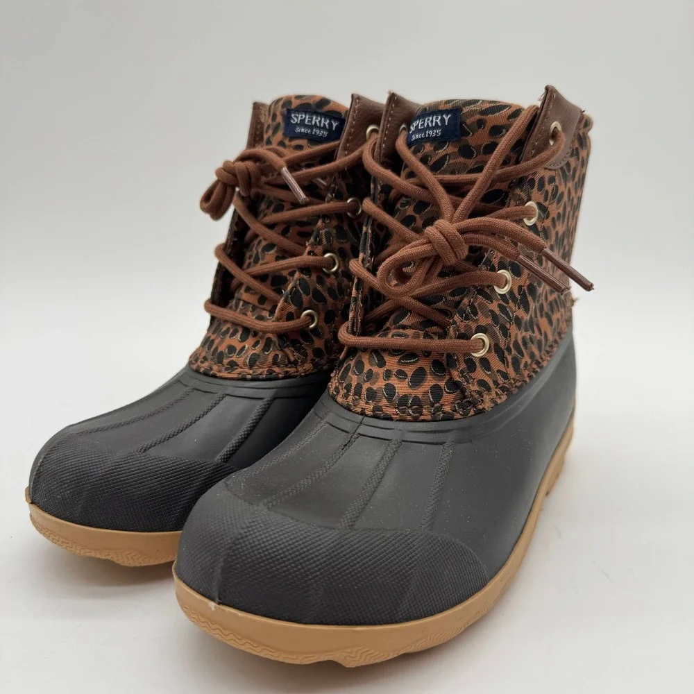 Sperry Women's 3M Leopard Print Duck Boots Brown Black Waterproof Rain Boots
